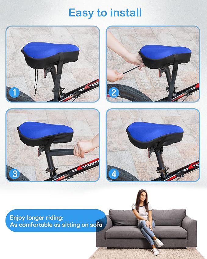 CUNCUI Bike Seat Cushion, Gel Bike Seat Cover, Bicycle Seat Cushion Covers for Women Men Comfort Compatible, Suitable for Outdoor and Indoor (11x10 inch)-Blue