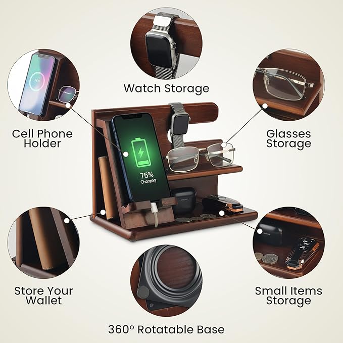 Wood Phone Docking Station for Men - 360° Rotating Nightstand Organizer with Rotating base, Charging Slot, Holds watch, Wallet, Keys, Eyewear - Birthday Gifts for Men & Women, Bedroom or Office Use, Dark Brown