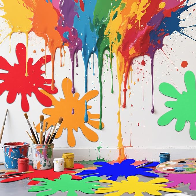 Tegeme 24 Pcs Large Paint Splatter Felt Art Colorful Mats, Rainbow Art Party Supplies Prop for Craft Wall Decal School Bulletin Board, Neon Paint Birthday Party Table Decoration (Classic,Rainbow)