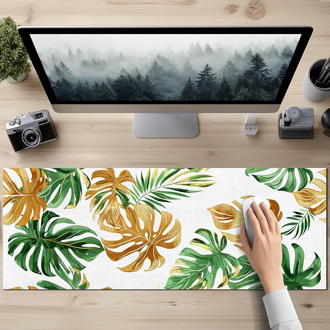 HOMETITUTE XL Mouse Pad 31.5 x 11.8 Inch Tropical Green and Gold Palm Leaf Desk Mat Extended Large Mousepad Non Slip Waterproof Desk Pad Keyboard Mat for Office Home Computer Accessories