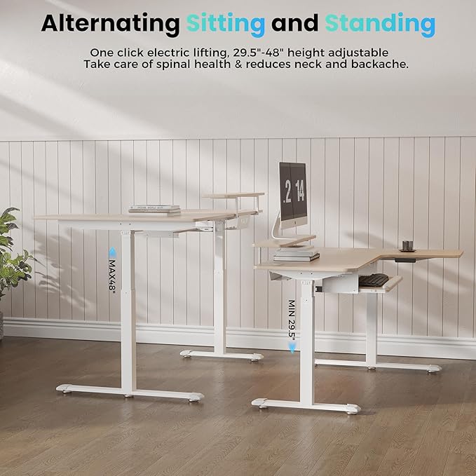 EUREKA ERGONOMIC 55 Inch L Shaped Electric Standing Desk, Height Adjustable Computer Gaming Desk with Keyboard Tray, Mouse Pad,Home Office Work,Maple Wood, Right Side