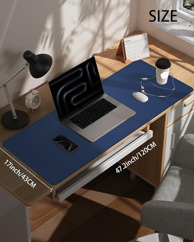 Large Desk Pad Mat - Waterproof Mouse Pad & Desk Protector, Non-Slip XL PU Leather Gaming Mat for Keyboard/Mouse, Stitched Edge with Ergonomic Support, 47"x17" (Blue)