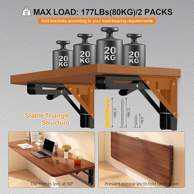 Folding Shelf Brackets 24 inch Foldable Shelf Bracket Heavy Duty Collapsible Shelf Brackets DIY Wall Mounted Fold Down Table Bracket Space-Saving for Benches Workstation (2PC, Max.Load 177 lbs)