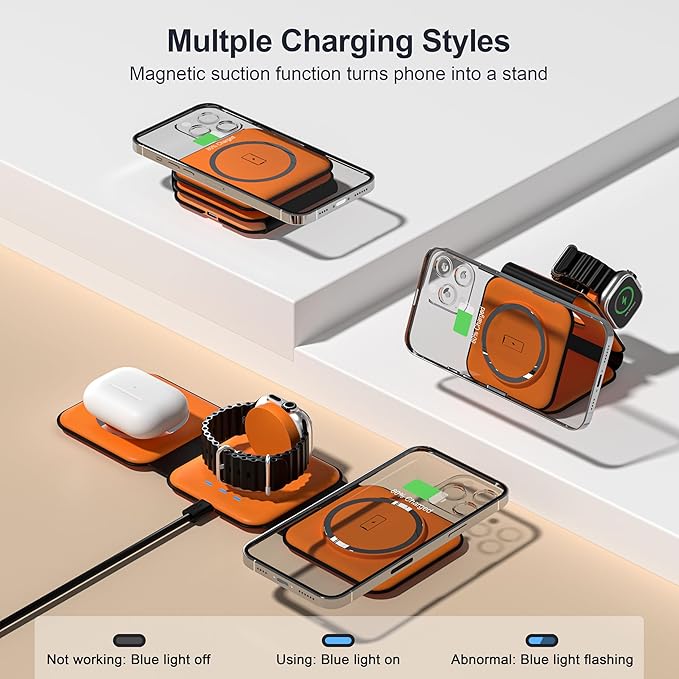 3 in 1 Charging Station for Multple Devices,Foldable 3 in 1 Wireless Charger for Travel,Nano Wireless Charging Station for iPhone16 15 14 13 12 Pro Max/Watch 10 9 8 7 6 5 4 3 Ultra/AirPod Pro