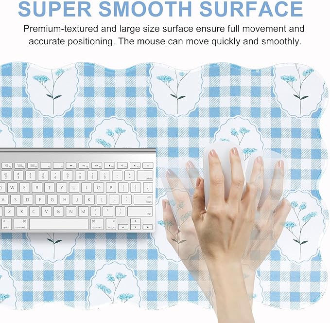 L-SPOUTTO Blue Mouse Pad,Checkered Floral Desk Mat XXL Large Scalloped Cottagecore Gaming Mousepad,35.4x15.7in Non-Slip Rustic Keyboard Pad Desktop Mat for Laptop Computer Game Home Office