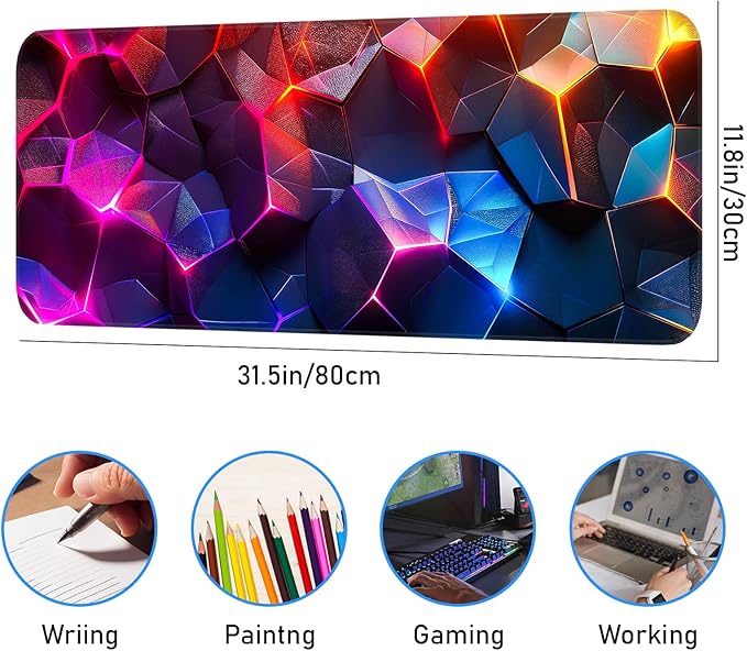 Gaming Mouse Pad, Geometric Design, Non-Slip Rubber Bottom, Stitched Edges, for Home, Office, Gaming, 31.5 x 11.8 Inch Full Desktop Large Mouse Pad for Gamers