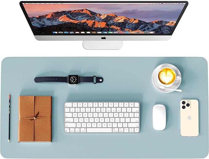 WAYBER Leather Desk Pad Protector, Waterproof Mouse Pad, PU Desk Mat, Office Desk Cover, Desk Writing Mat for Office/Home/Work/Cubicle (Light Blue/Silver) 23.7x13.8 in
