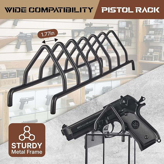 Poyilooo Pistol Rack, 2Tier Portable Pistol Rack for Gun, Hold Up 12 Handguns Pistol Stand for Gun Storage, Pistol Holder for Gun Heavy Duty Steel Gun Rack for Shot Exhibitior Retail Shop Home Office