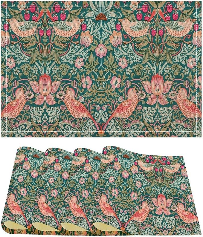 Vintage William Morris Placemats Strawberry Thief Botanical Art Vintage Floral Linen Washable Table Mats Stain Heat-Resistant Desktop Decor Place Mats for Home Kitchen Dining Party 12x18 in 6 Pcs