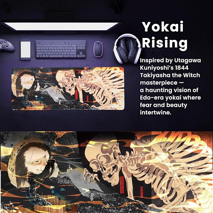 BELLEMOND Japanese Art Desk Mat | Large 31.5x11.8in Anime Mouse Pad for Keyboard & Mouse | Non-Slip Base, Water-Repellent | Original Japanese Design | Yokai Rising