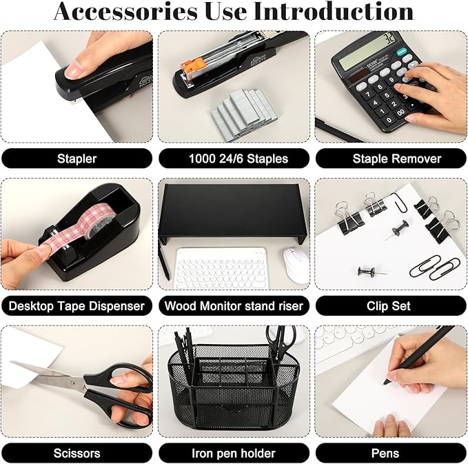 Glenmal 12 Pcs 12-in-1 Office Desk Organizer Accessories Set with Desk Pad Protector Computer Riser File Organizer Pen Holder Calculator Scissors Stapler Staples Folder Set Pens Tape Cutter