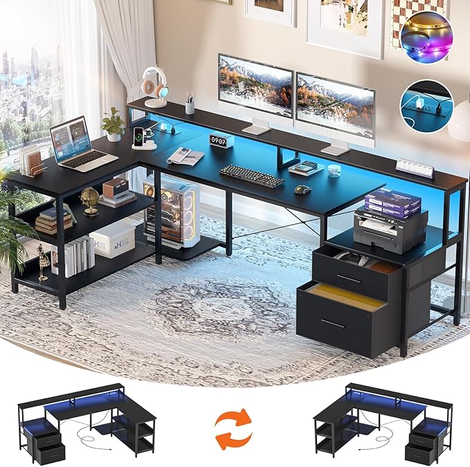 Aheaplus L Shaped Desk with Power Outlet, Reversible L Shaped Computer Desk with File Drawer & Monitor Stand, Gaming Desks with LED Strip, Home Office Desks with Storage Shelf,1Black