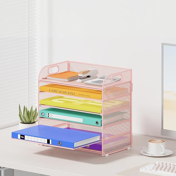 Cawukege 6 Tier Paper Organizer, Pink Letter Tray with Handle, Mesh Desk Organizer, Metal File Organizer, Office Desk Accessories for Home, Office, Classroom, School