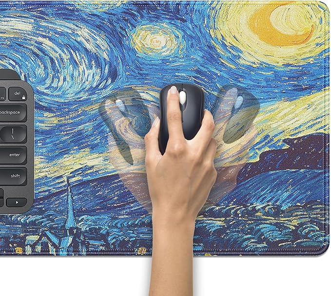 Van Gogh Starry Night Large Mouse Pad Desk Mat, 27.5x11.8in Classic Art Extended Keyboard Mousepad with Stitched Edges, Non-Slip Waterproof Rubber Base for Office, Computer & Laptop
