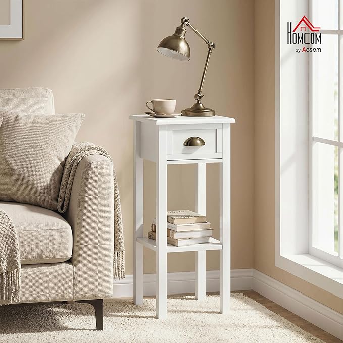 HOMCOM Narrow End Table with Drawer and Bottom Shelf, Slim Side Table for Small Spaces, Skinny Modern Accent Desk for Living Room, Set of 1, White