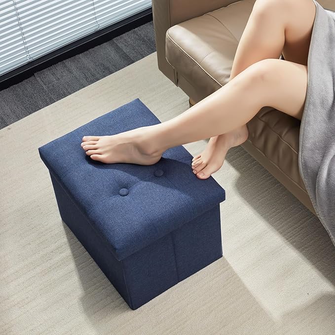 AmasSmile 2Pack Blue Ottoman with Storage,Foot & Leg Rest Stools Small Cute Stool Short Bench Folding Ottomans Square Footstools for Shoe Living Room Under Desk Outdoor RV Camper Each Space Storage