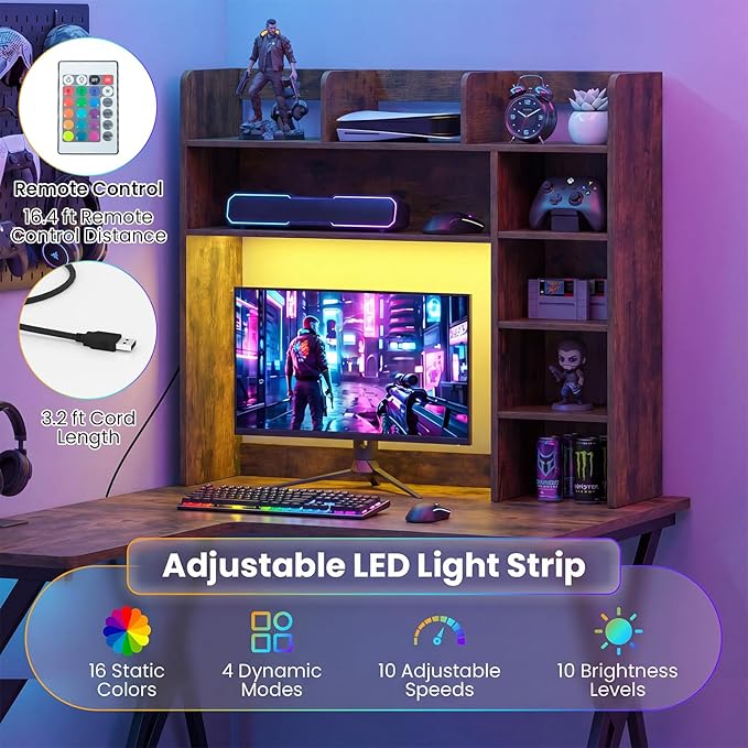 Tangkula Desktop Bookshelf with LED Lights, Desk Hutch with 8 Shelves for Max 25" Monitor, Desktop 5-Tier Display Rack, Multipurpose Wood Desktop Storage Hutch Organizer for Dorm Office Home