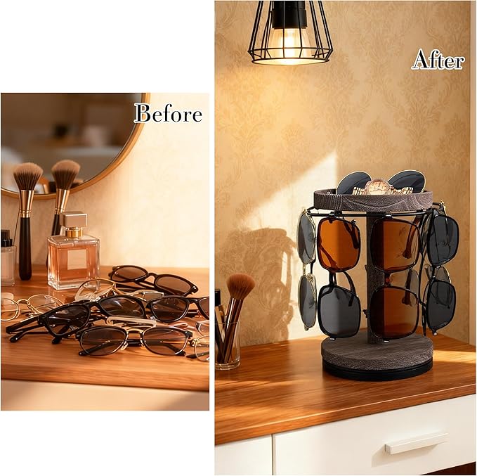 Sunglasses Organizer 360° Rotating Eyeglass Holder Stand with Wood Tray and Base, Eye Glass Display Rack for Multiple Sunglass Storage for Table Dresser Nightstand Desk (Retro Coffee)