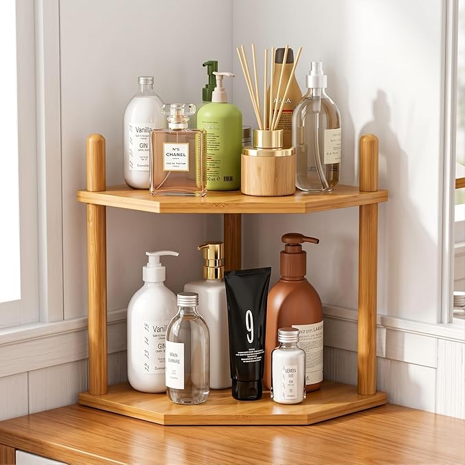 2-Tier Expandable Bamboo Corner Shelf - Dish/Plate Organizer for Cabinet, Kitchen Counter Shelf & Small Kitchen Shelf, Adjustable (6.7" H-Natural, 2-Tier)