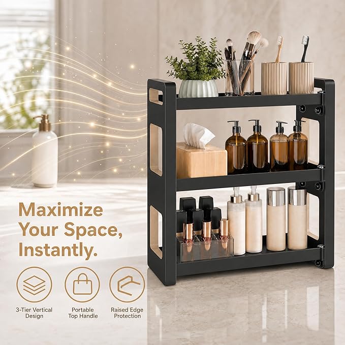 Narrow Solid Wood Bathroom Counter Organizer, Space-Saving Bathroom Storage Rack for Vanity, Multi-Purpose Kitchen Spice Rack & Bedroom Makeup Organizer (Black, 2 Tier)