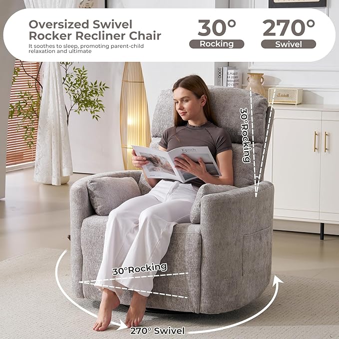 Oversized Swivel Rocker Recliner with Massage and Heat, Rocker Nursery Recliner for Adults with Adjustable Headrest, 26" Extra Wide Nursery Chair with 2 Pillows, Light Grey