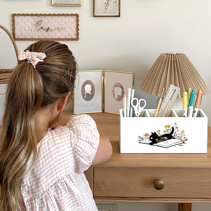 Black Cat Pen Holder, Book Lovers Reader Gifts Pencil Holder for Desk, Black Cat Lovers Gifts for Women, Floral Book Wooden Box Sign Decorations for Reading Room Corner Nook Desk Tabletop