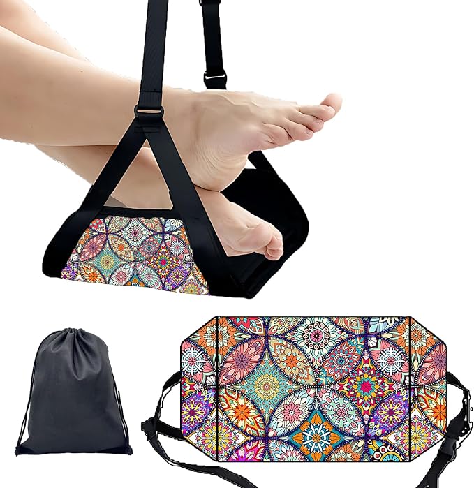 Airplane Foot Hammock for Plane Travel Ajustable Foot Rest for Plane Comfort Sling Airplane Gadgets for Adult Long Fling,Plane Travel Essentials (Datura)