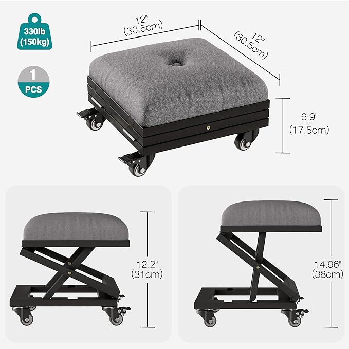 VECELO Foot Rest Under Desk at Work, Height Adjustable Rolling Foot Stool with Wheels, Cushioned Seat for Living Room, Bedroom, Home Office