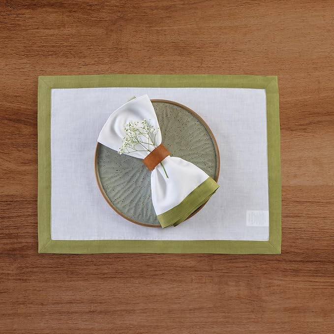 Solino Home Linen Napkins Set of 4-100% Pure Linen Avocado and White Dinner Napkins Cloth 20 x 20 Inch for Spring, Summer - Classic, Handcrafted and Machine Washable