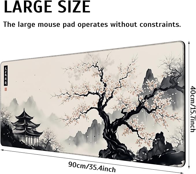 Japanese Cherry Blossom Mouse Pad,35.4 x 15.7 Inch Large Mouse Mat Non-Slip Rubber Stitched Edges for Writing Desk,Office,Home,Laptop