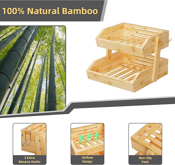 Bamboo 2 Tier Fruit Basket for Kitchen Counter, Large Capacity Fruit Storage Countertop, Fruit Holder, Wood Pantry Organizers and Storage, Kitchen Countertop Organizer With 2 Banana Hangers (Bamboo)
