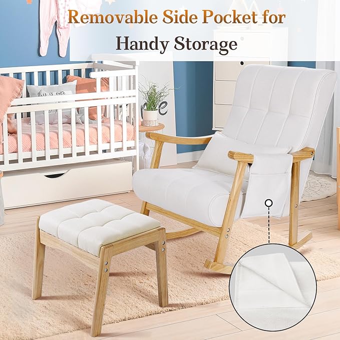 NOBLEMOOD Rocking Chair Indoor with Ottoman, Upholstered Rocking Chair with Lumbar Pillow, Side Pocket, High Back Solid Wood Frame Rocker with Footrest for Living Room
