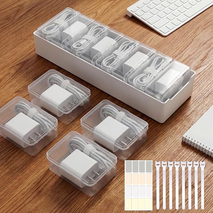 8 Individual Cable Organizer Boxes With Base, Cord Storage Organizer With Labels And Cable Straps For Charging Cables, Adapters, Earphones And Small Electronic Accessories (1 Pack)