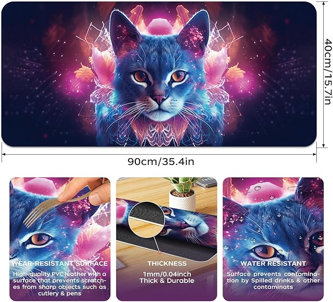 Leather Desk Mat 35.4" x 15.7", Desk Pad for Computer or Laptop, Computer Mat Mouse Pad for Keyboard or Mouse, Large Desk Mat for School, Office, Home (35.4" x 15.7", Cat)