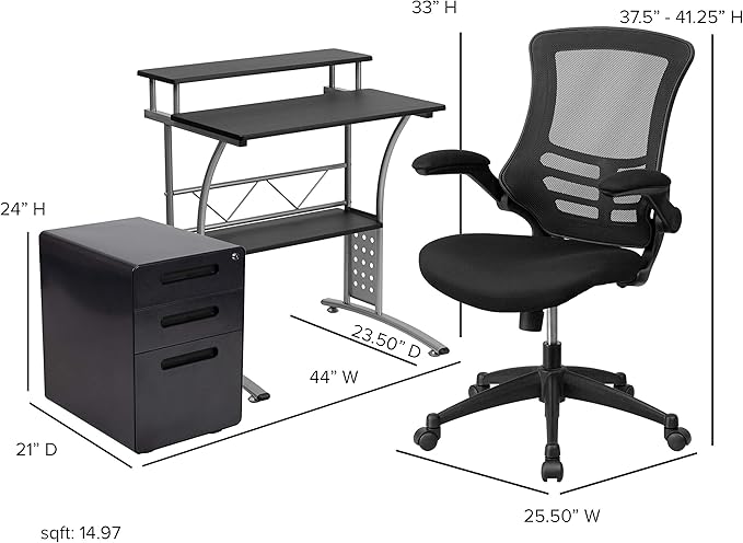 Flash Furniture Work From Home Kit - Black Computer Desk, Ergonomic Mesh Office Chair and Locking Mobile Filing Cabinet with Inset Handles