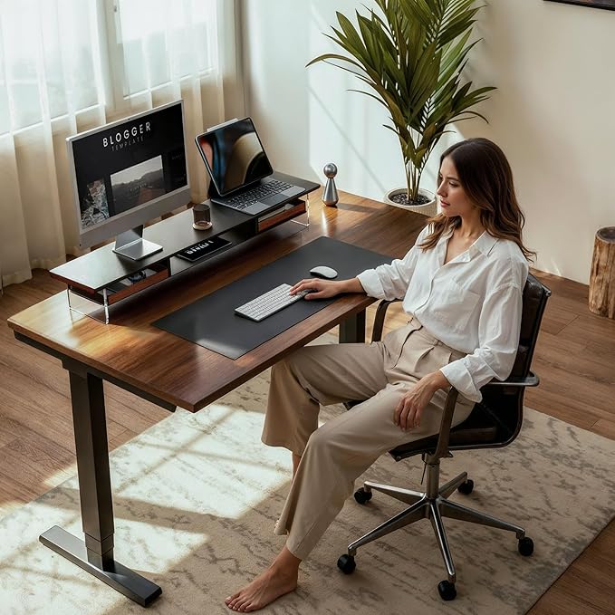 Fenge 42.5” Dual Monitor Stand Riser with 2 Felt-Lined Drawers, Aesthetic Metal and Wood Monitor Shelf with Acrylic Legs, 2-Tier Desk Organizer for 2 Monitors, Laptop, Printer, TV, Black