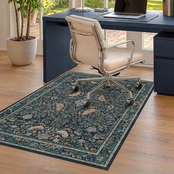 Washable Floral Small 3x4 Office Chair Mat for Hardwood Floors, Boho Blue and Green Non-Slip Low Pile Desk Rug, Machine Washable Botanical WFH Essential for Dorm Room, Stain Resistant Floral Carpet