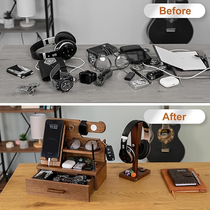 TESLYAR Wood Phone Docking Station with Drawer - Nightstand Organizer - Desk Organizer for Husband - Birthday Gifts for Men, Dad, Anniversary Idea, Key Holder Stand Watch & Accessories (Earth Beige)