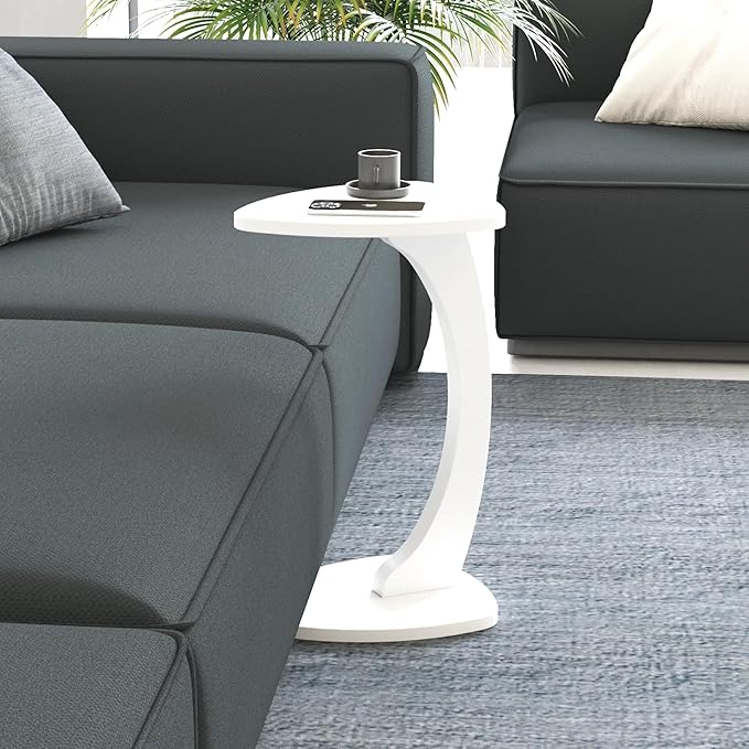 C Shaped Triangular Top Design Table for Couch Small Places, Space Saver Sheild Shape Side Table for Sofa and Bedside with Wheels, Coffee and Eating Snack Time Tray for Living Room, Office (White)