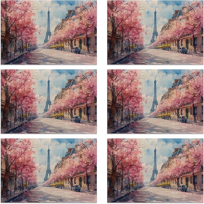 Paris Tower Pink Romantic Tree Linen Placemats Set of 6, Decorative Table Mats 12x18 Inch, Washable Heat Resistant Placemats for Dining Table Kitchen Home Decor