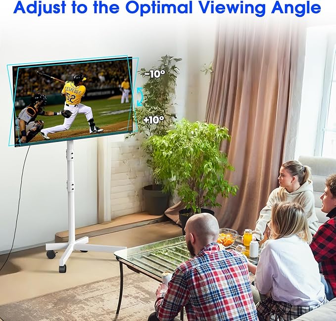 Mobile TV Stand for 23-60 Inch LCD LED OLED Flat Panel Curved Screen TVs up to 88 lbs, Tilt and Height Adjustable, Locking Rolling Wheels TV Cart, Max VESA 400x400mm, White