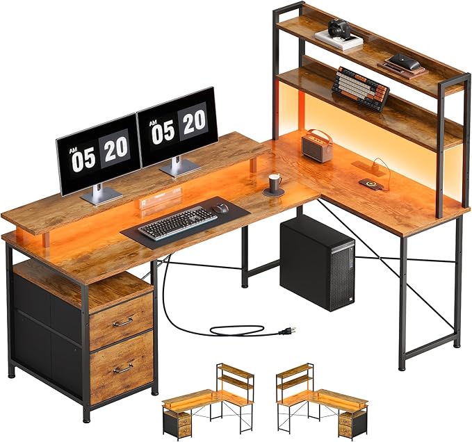 Maihail L Shaped Desk with Shelves,Reversible Computer Desk with LED Lights and Charging Station,Home Office Corner Desk with Monitor Stand,Brown2