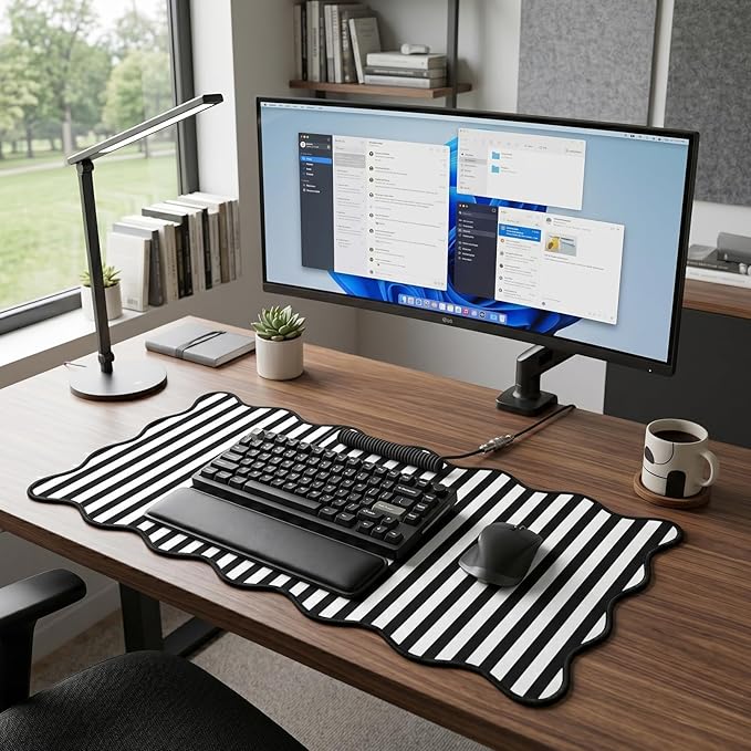 Scalloped Desk Mat Extended Large Cute Striped Mouse Pad Big Desk Pad XXL Aesthetic Stripe Mousepad Gaming Mouse Pad for Keyboard Computer Laptop Home Office Accessories 35.4X15.7Inches Black White