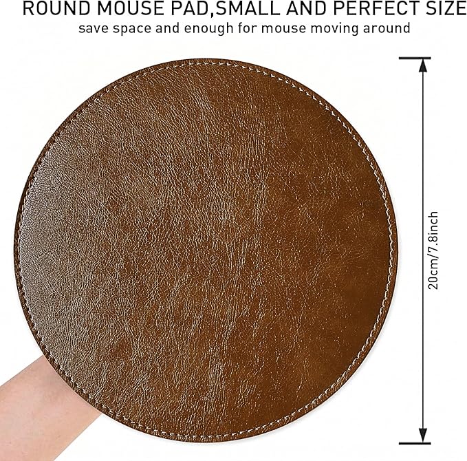 Round Faux Leather Mouse Pad, 7.8 Inch Small Compact PU Leather Circular Desk Mat, Waterproof Non-Slip Smooth Mousepad for Office Laptop, Home Work & Travel (Brown)