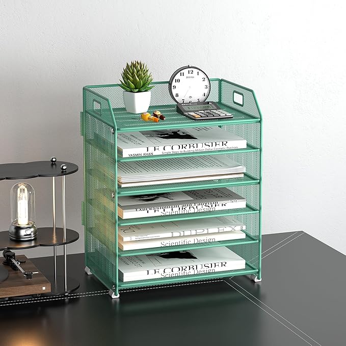 6 Trays Paper Organizer Letter Tray with Pull-Out Drawer, Assembled Mesh Desk File Holder, Metal Paper Sorter for Office Documents, Green