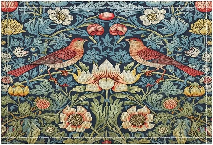 William Morris Bird Placemats Retro Bird Elegant Animal Pattern Linen Washable Table Mats Stain Heat-Resistant Desktop Decor Place Mats for Home Kitchen Dining Party 12x18 in 6 PCS