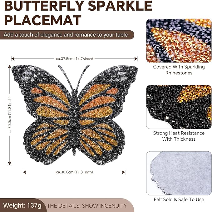 Yellow Butterfly Placemat,Colorful Rhinestones Glitter Butterfly Home Kitchen Coffee Bar Table Decoration Place Mat, Gifts for Friends Women Mom