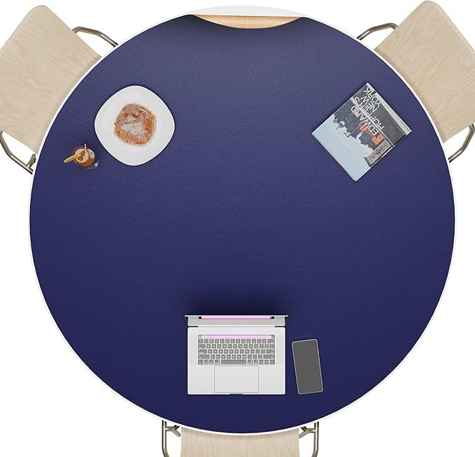 CENNBIE 42 Inches Round Table Pad- Cork & Leather Table Mat - Suitable as Side Dining Coffee Table Cover Protector - Can Be Cut to Fit (30"-42", Blue)