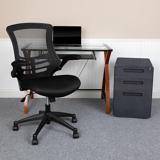 Flash Furniture Work From Home Kit - Glass Desk with Keyboard Tray, Ergonomic Mesh Office Chair and Filing Cabinet with Lock & Inset Handles