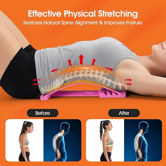 Premium Back Stretcher for Lower Back Pain Relief – 4-Level Adjustable Lumbar Support Board with Soft EVA Massage Strip – Durable & Portable Back Cracker to Release Tension and Reset Your Day (Pink)